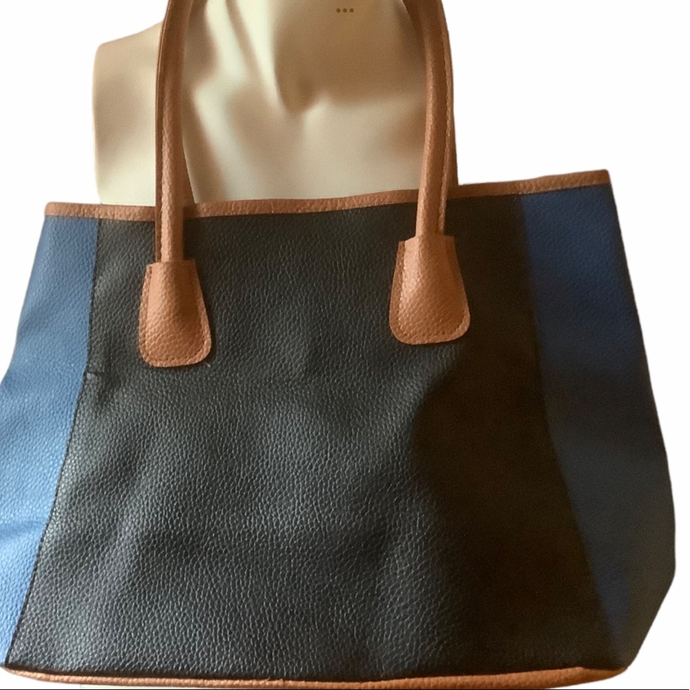 Neiman Marcus shopping tote blue black and mustard pebbled leather shoulder bag